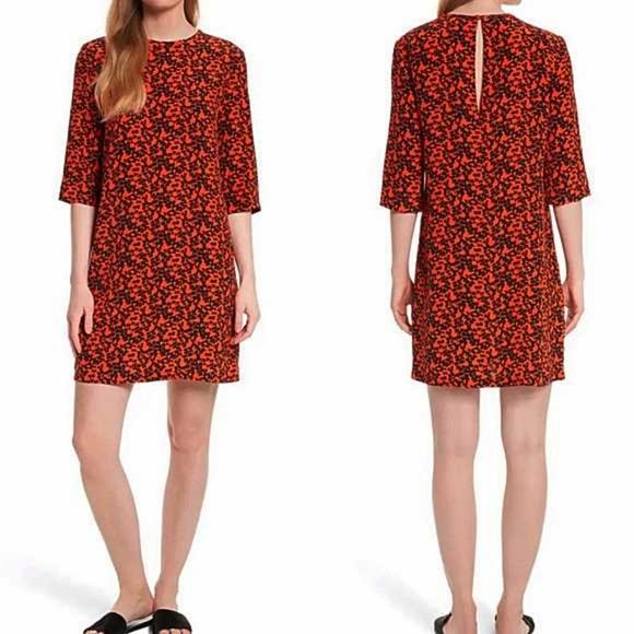 Equipment Femme Medium Red Printed Crew Neck 1/2 Sleeve Silk Shift Dress - Picture 1 of 7